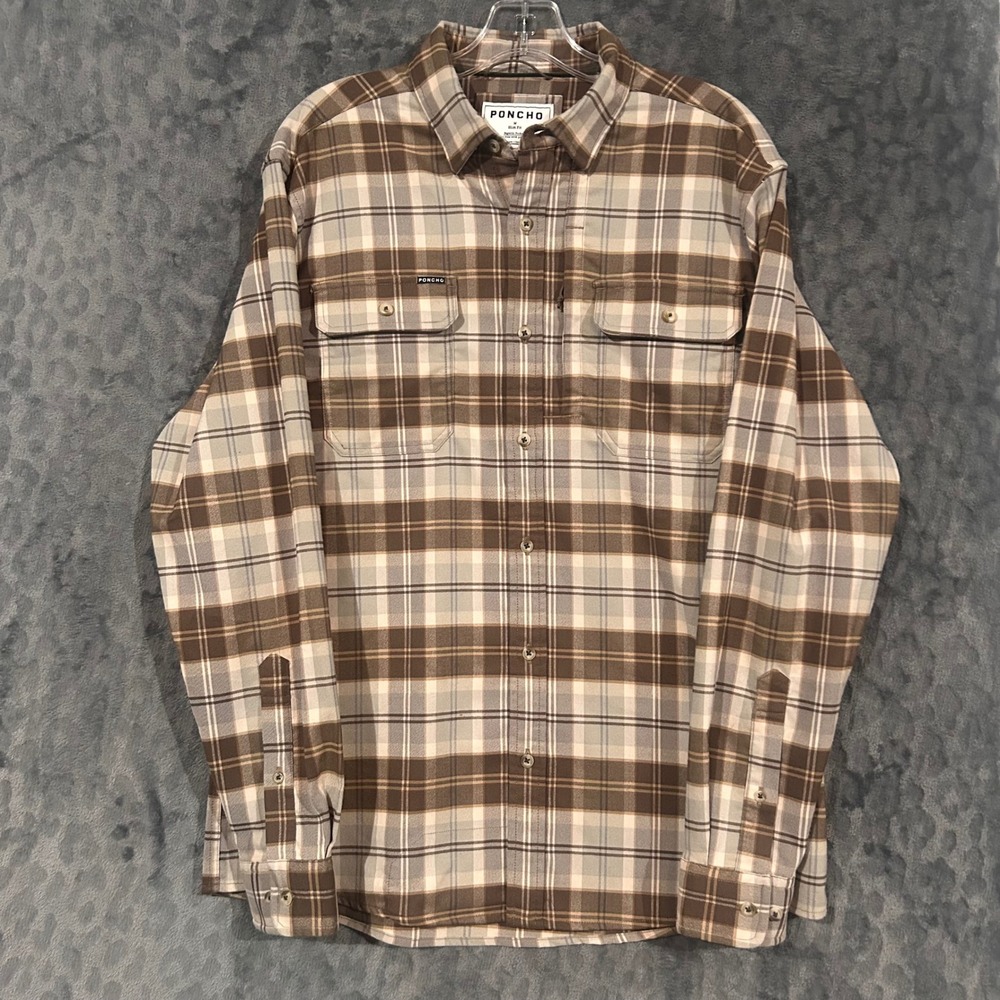 Poncho Outdoors Mens Slim Fit Plaid Magnetic Button Down Shirt Brown Tan Medium